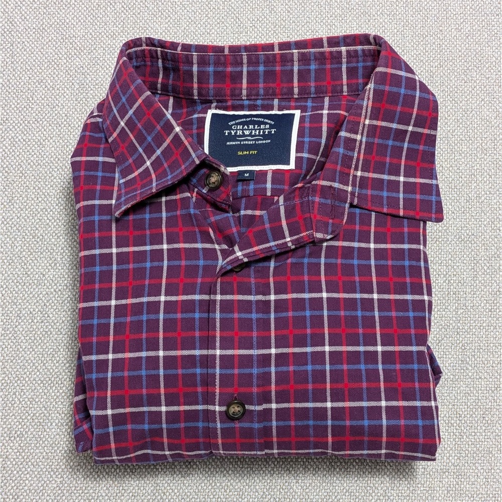CHARLES TYRWHITT Men's Dress Shirt Burgundy Plaid M Slim Fit Flannel